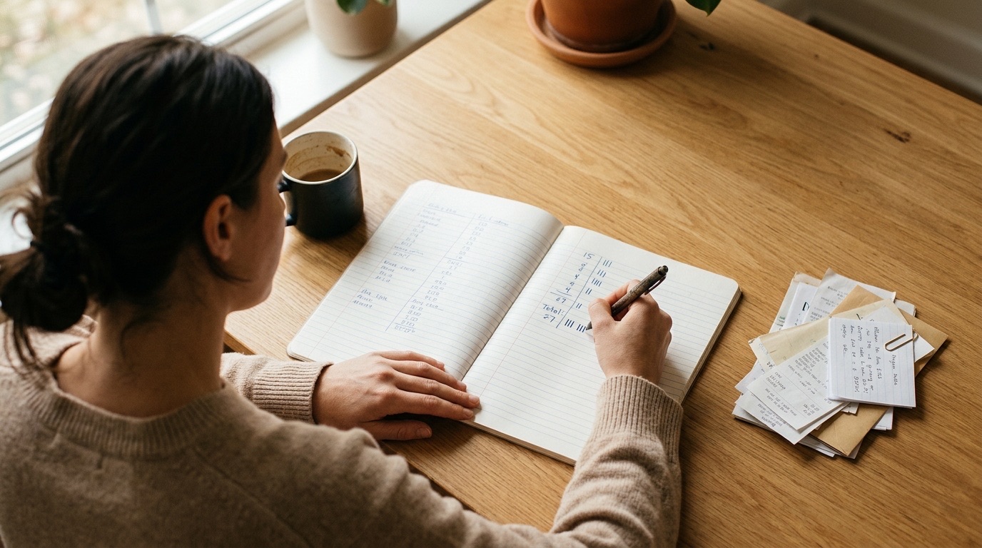 A person reviewing and recording paper receipts in a notebook at a wooden desk with a coffee mug nearby