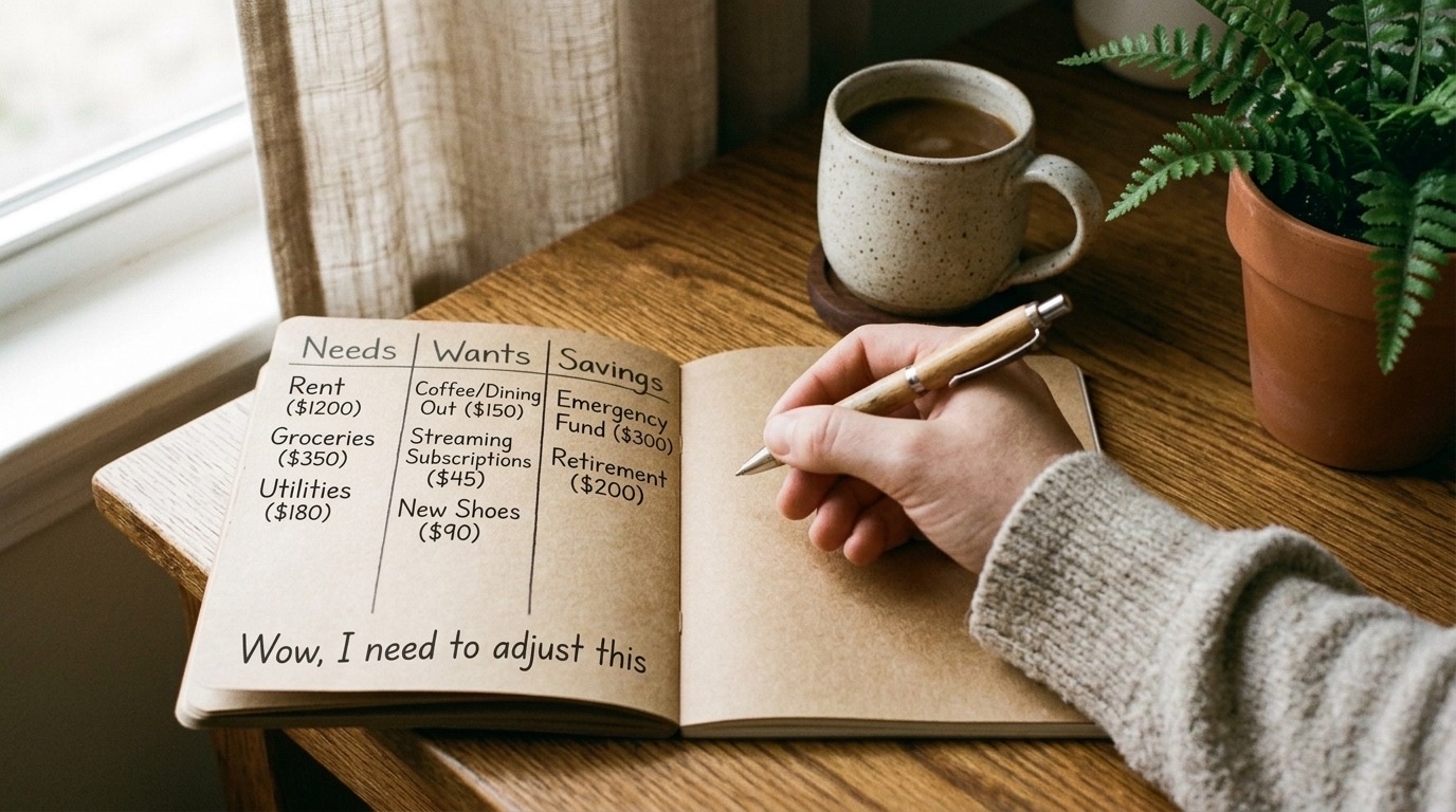 A hand writing spending categories and real dollar amounts into a notebook, with a coffee mug nearby on a warm wooden desk