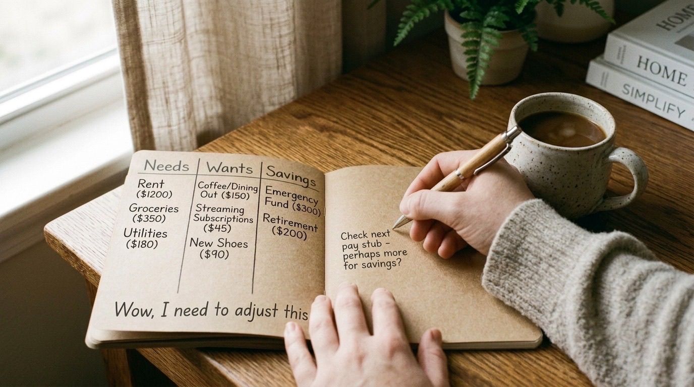 A person making relaxed notes in a notebook at a desk on a Monday morning, coffee mug nearby, soft window light in the background
