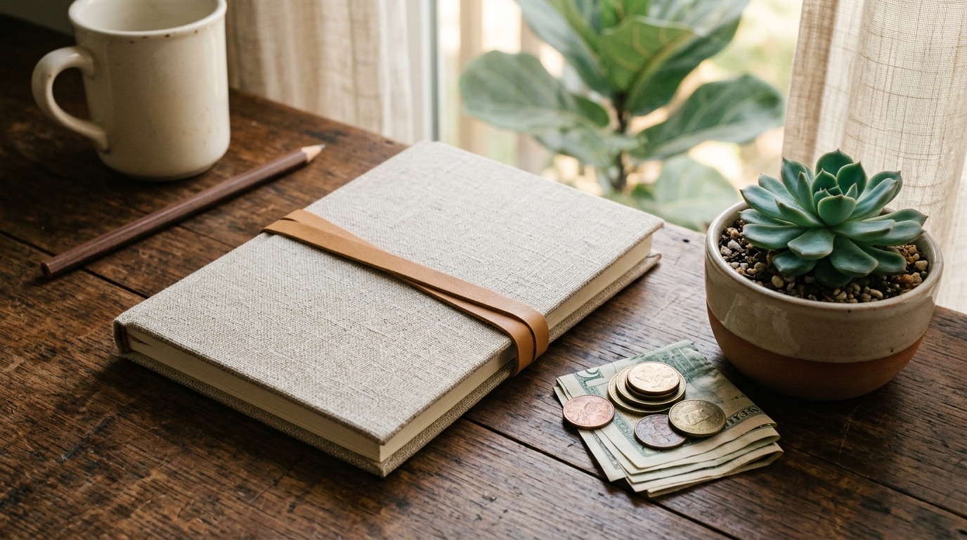 A linen-covered notebook beside coins and folded bills on a dark wooden desk, with a ceramic mug and pencil nearby
