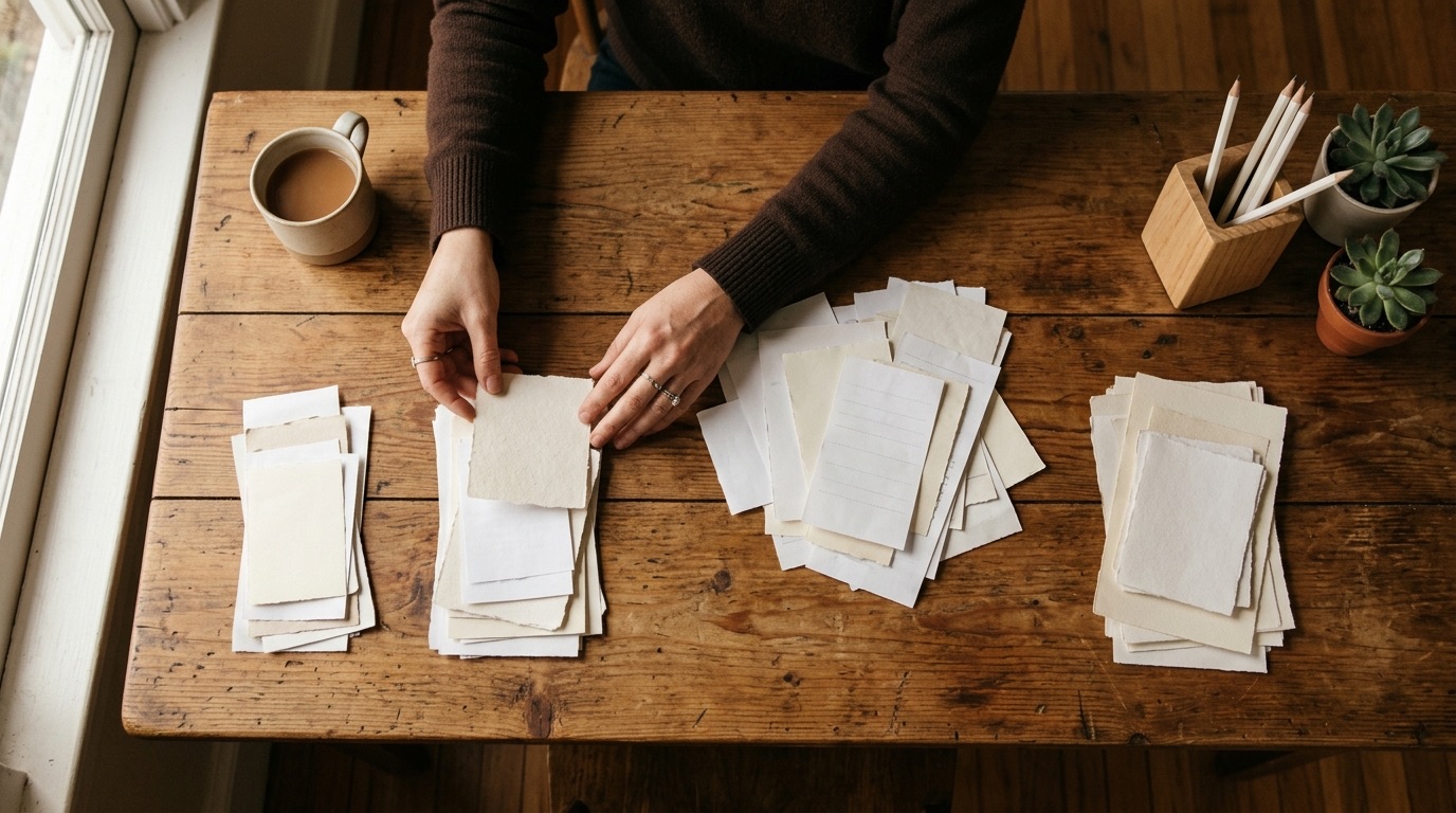 A person organizing paper documents into neat piles on a wooden desk with a coffee mug nearby