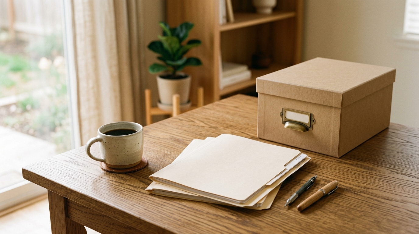 A organized filing box with manila folders and a ceramic mug on a warm wooden desk in natural light
