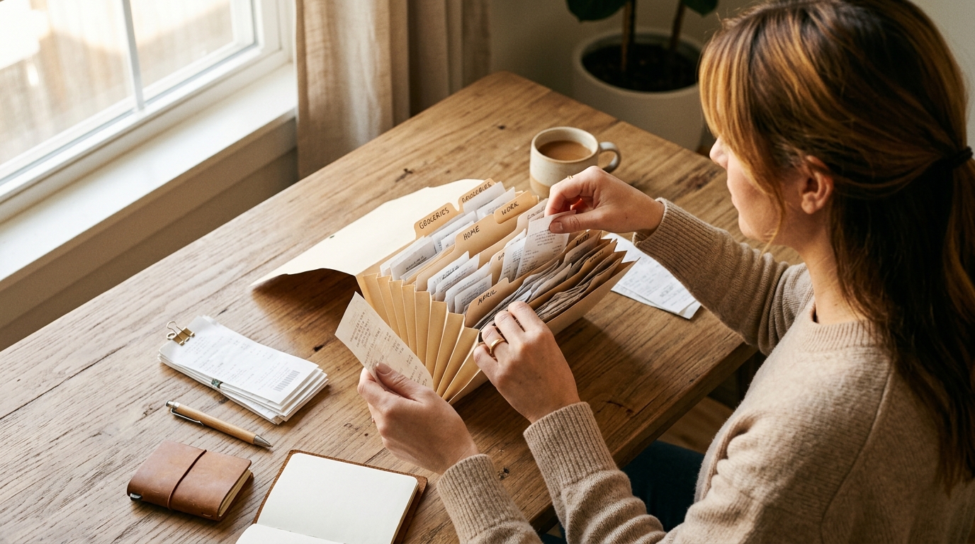 A person sorting paper receipts into an accordion folder on a warm wooden desk by morning window light