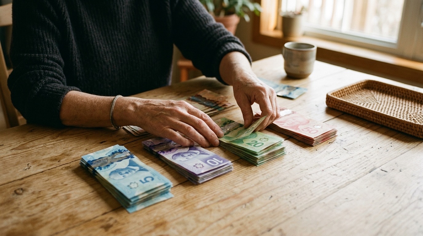 A person sorting stacks of paper currency on a wooden table with warm afternoon light