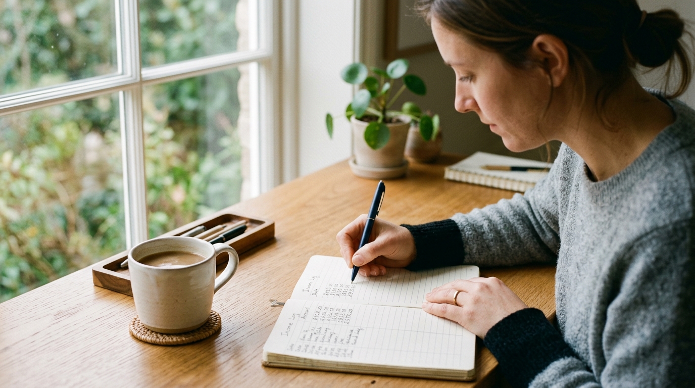 A person writing income figures into a lined notebook at a clean wooden desk with a coffee mug nearby