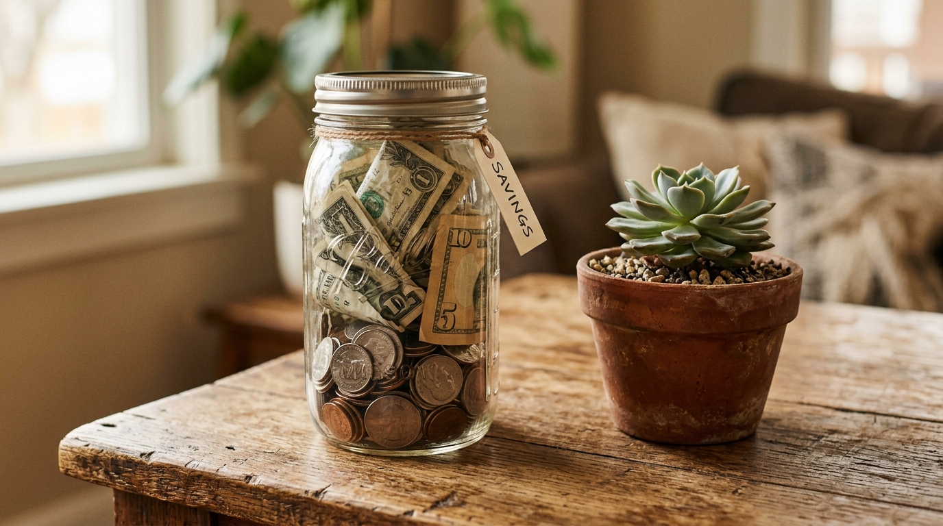A glass jar filled with folded dollar bills and coins sitting on a rustic wooden table next to a small succulent plant