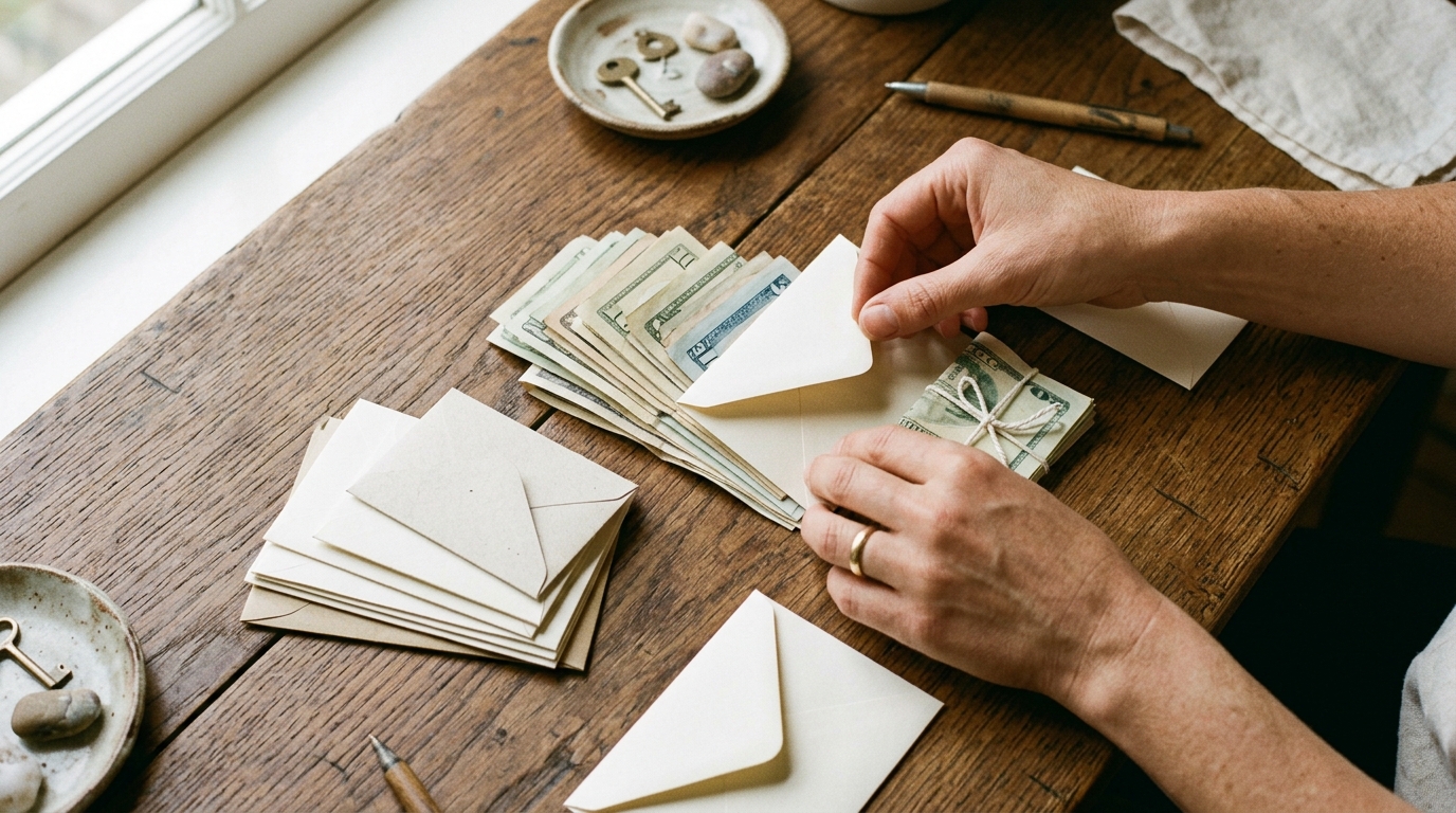 Hands sorting folded cash and cream-colored envelopes on a worn wooden table in soft natural window light