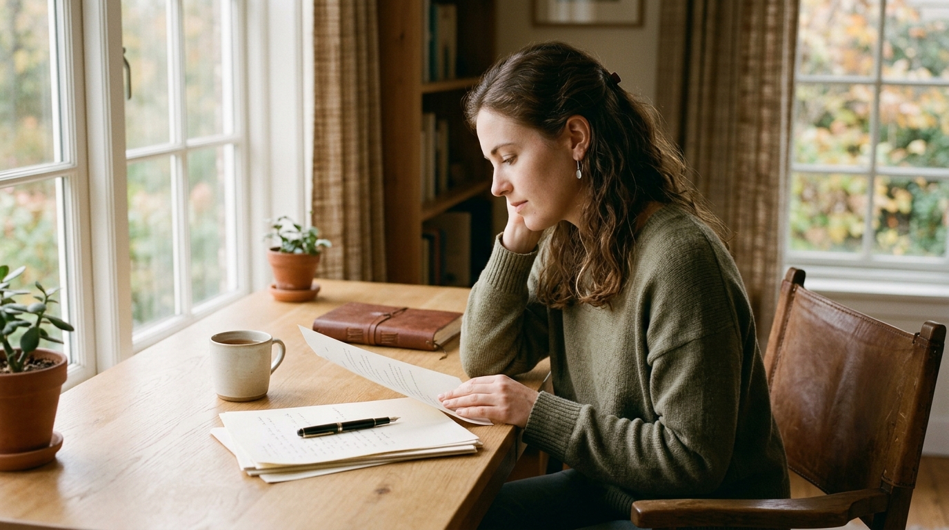 A woman seated at a wooden desk reviewing paper documents by a window, a ceramic mug and journal nearby in warm afternoon light