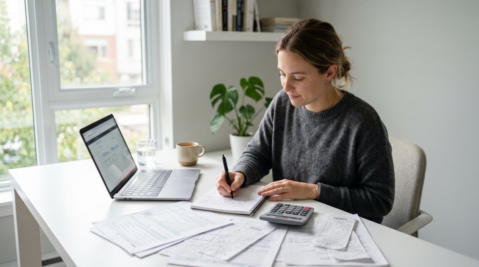 Freelancer reviewing tax documents and receipts at a bright home office desk with a calculator