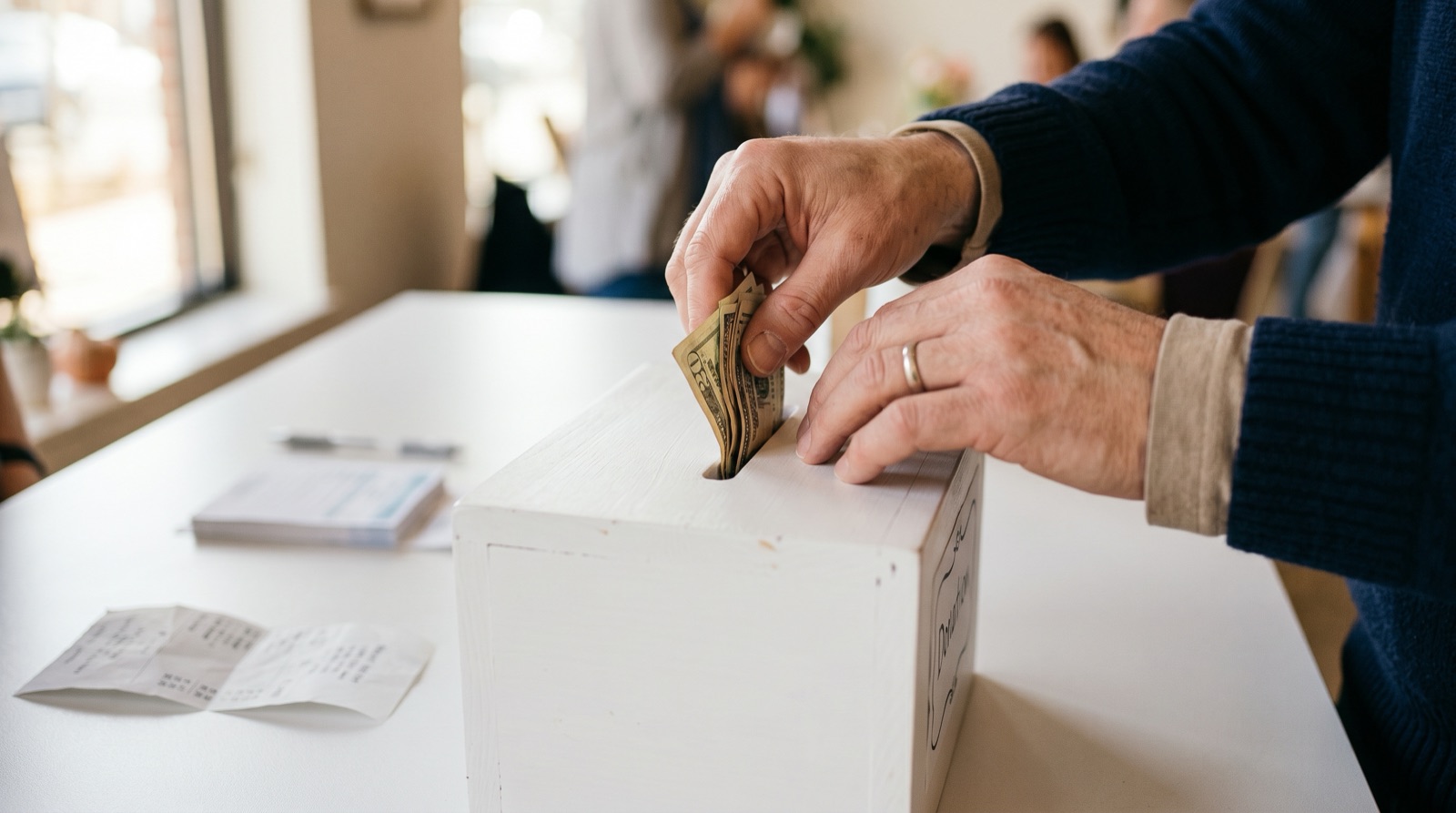Hands placing folded cash into a donation box with paper receipts on a white surface