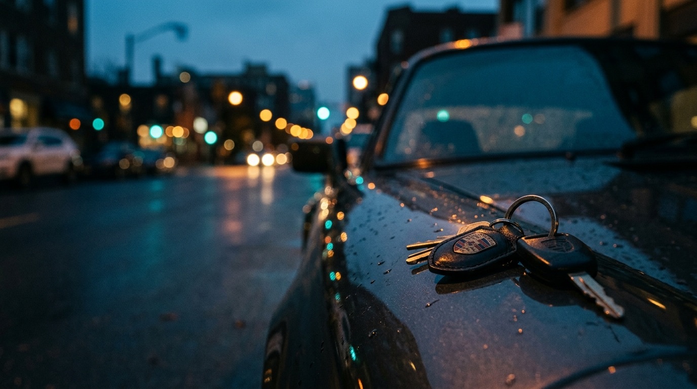 Car keys resting on a dark metallic car hood at dusk with bokeh city lights in background
