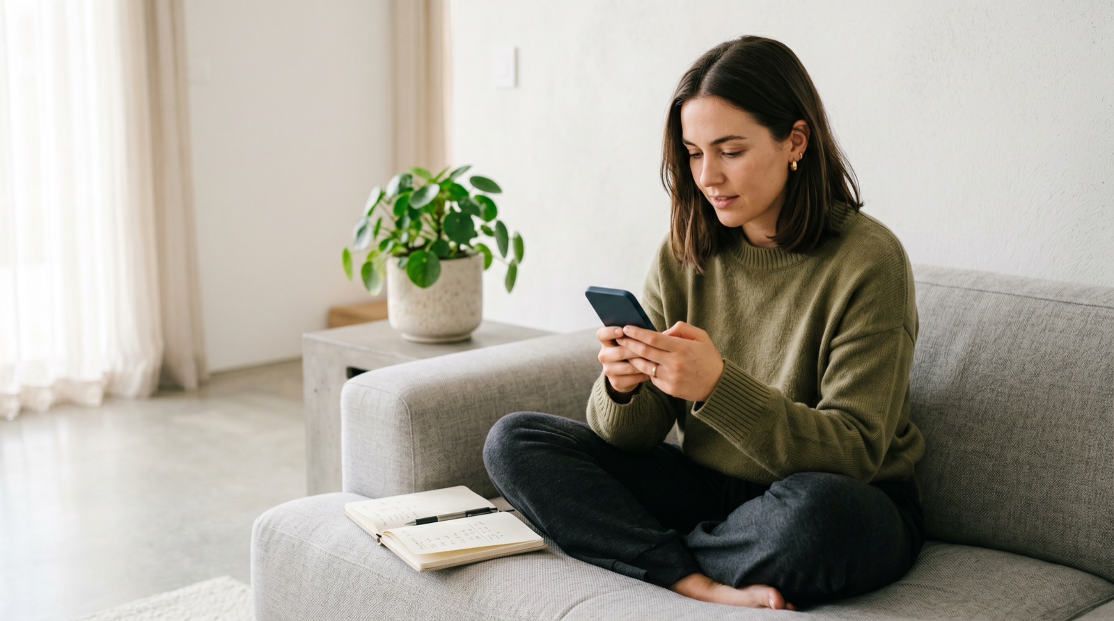 Young woman using a finance app on her smartphone while sitting on a gray sofa with a notebook beside her