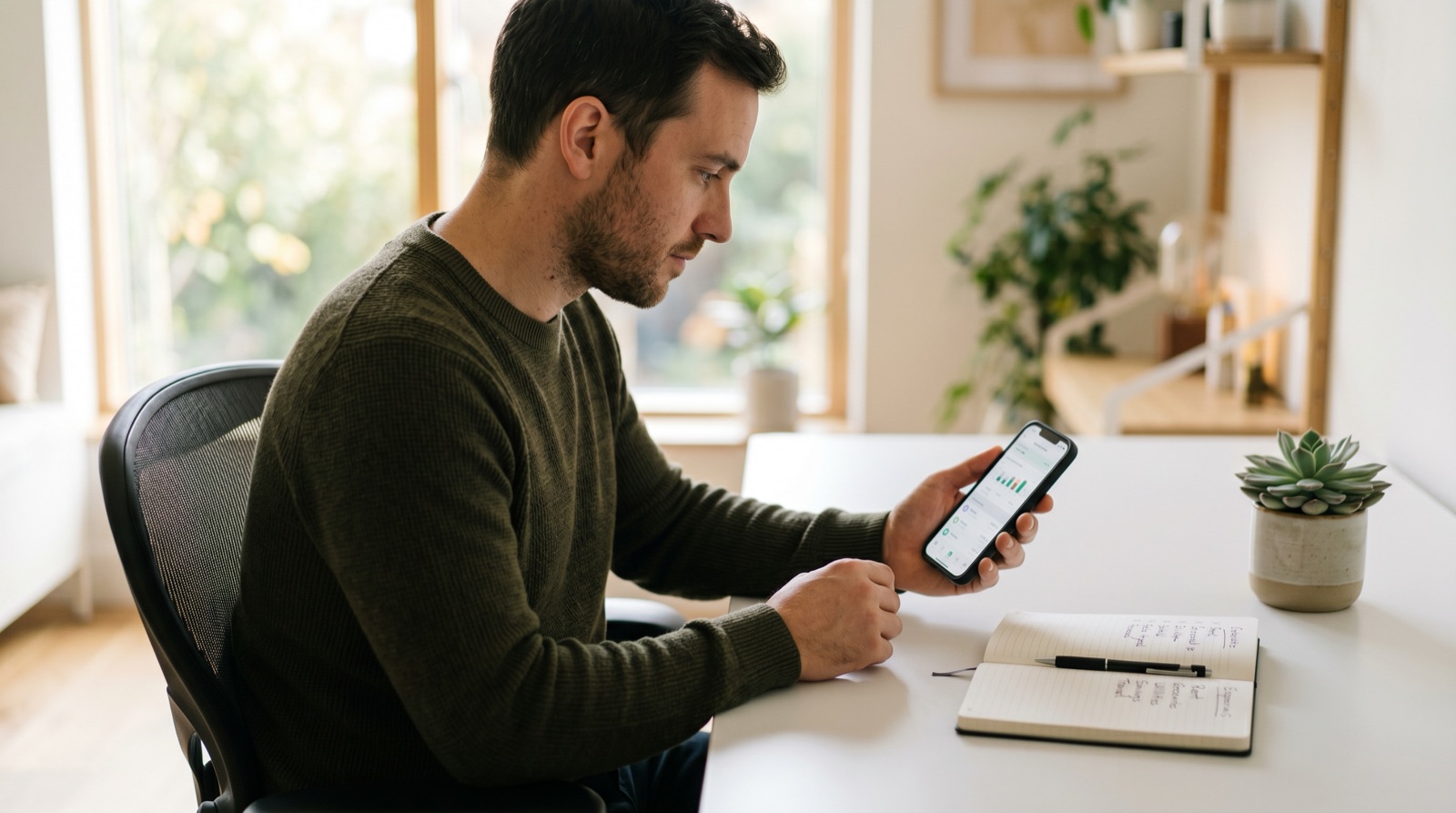 Man at a minimal white desk reviewing an expense notebook with a smartphone in hand