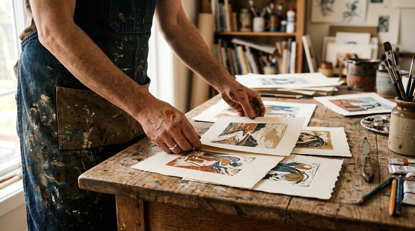Artist's hands arranging printed art pieces on a studio table in natural window light
