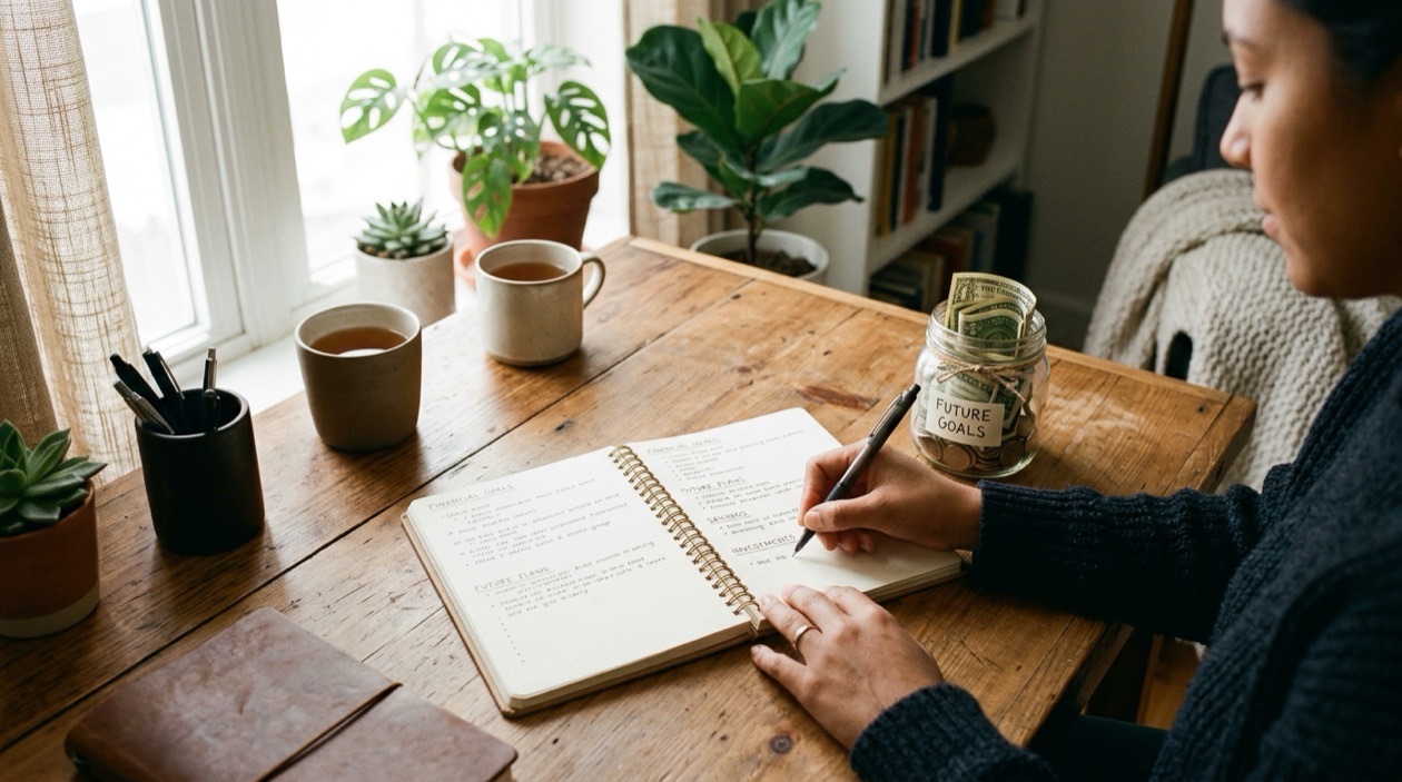 Person writing financial goals in a planner with a savings jar on the table nearby
