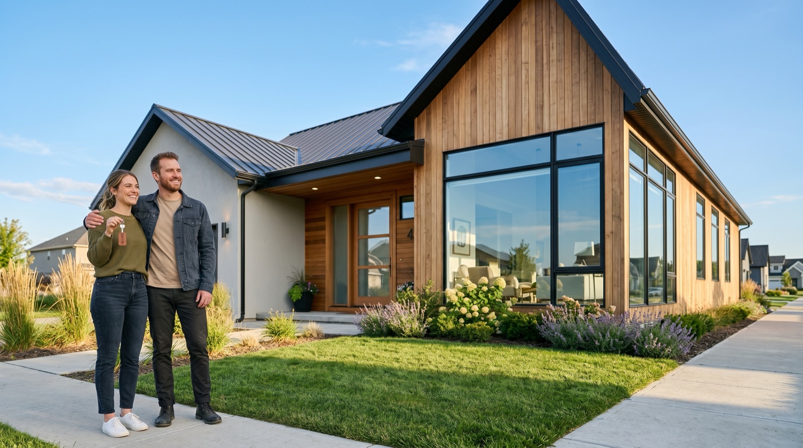 Young couple standing in front of a modern suburban home, woman holding house keys up with a smile