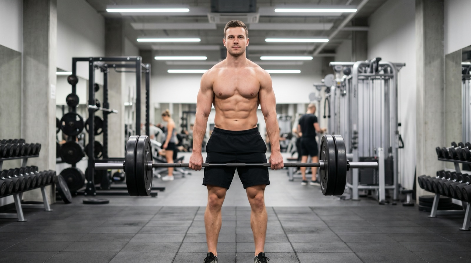 Shirtless muscular man gripping a barbell in a well-lit commercial gym, facing the camera
