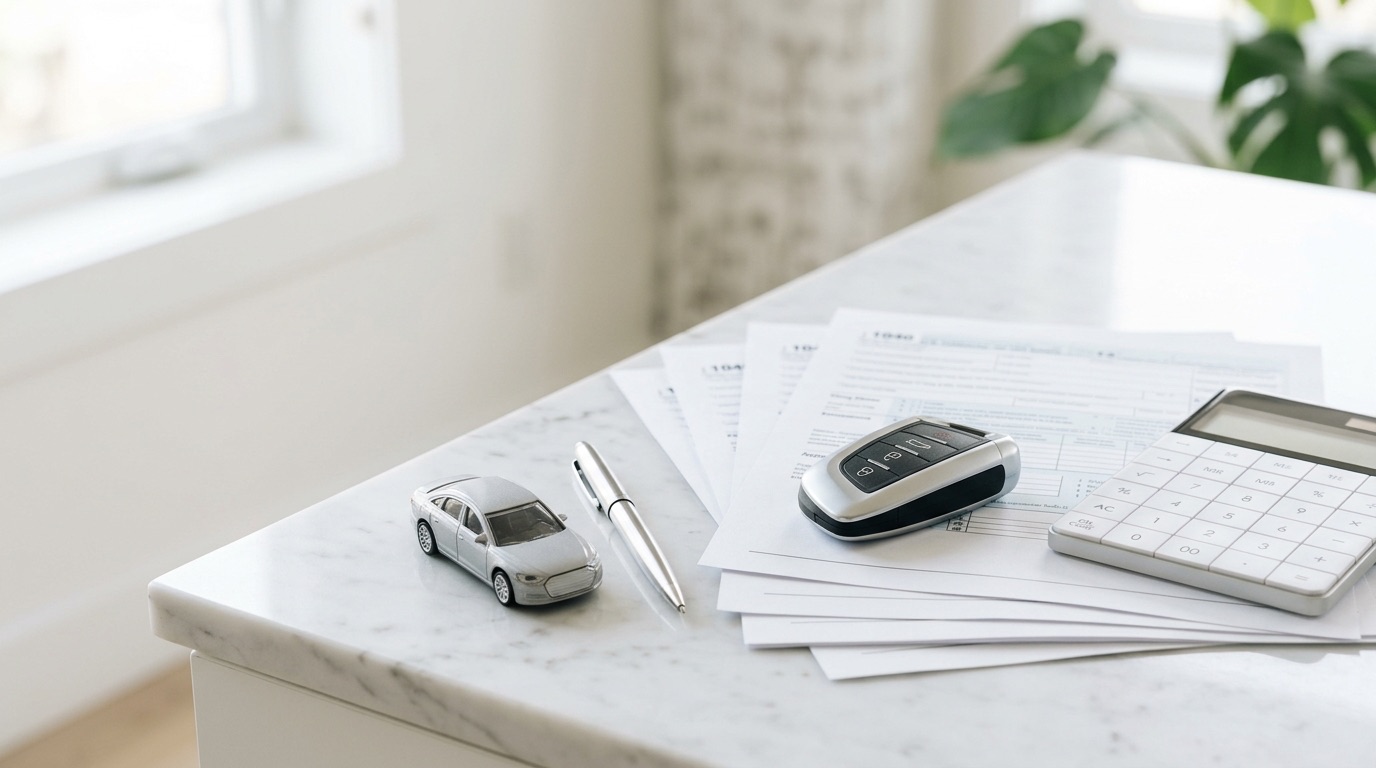 Car key fob resting on tax forms with a calculator, pen, and miniature toy car on white marble