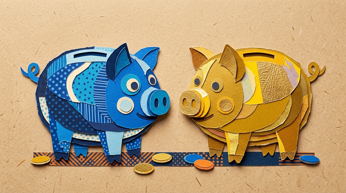 Two layered paper piggy banks side by side — one in blue, one in gold — on a beige background