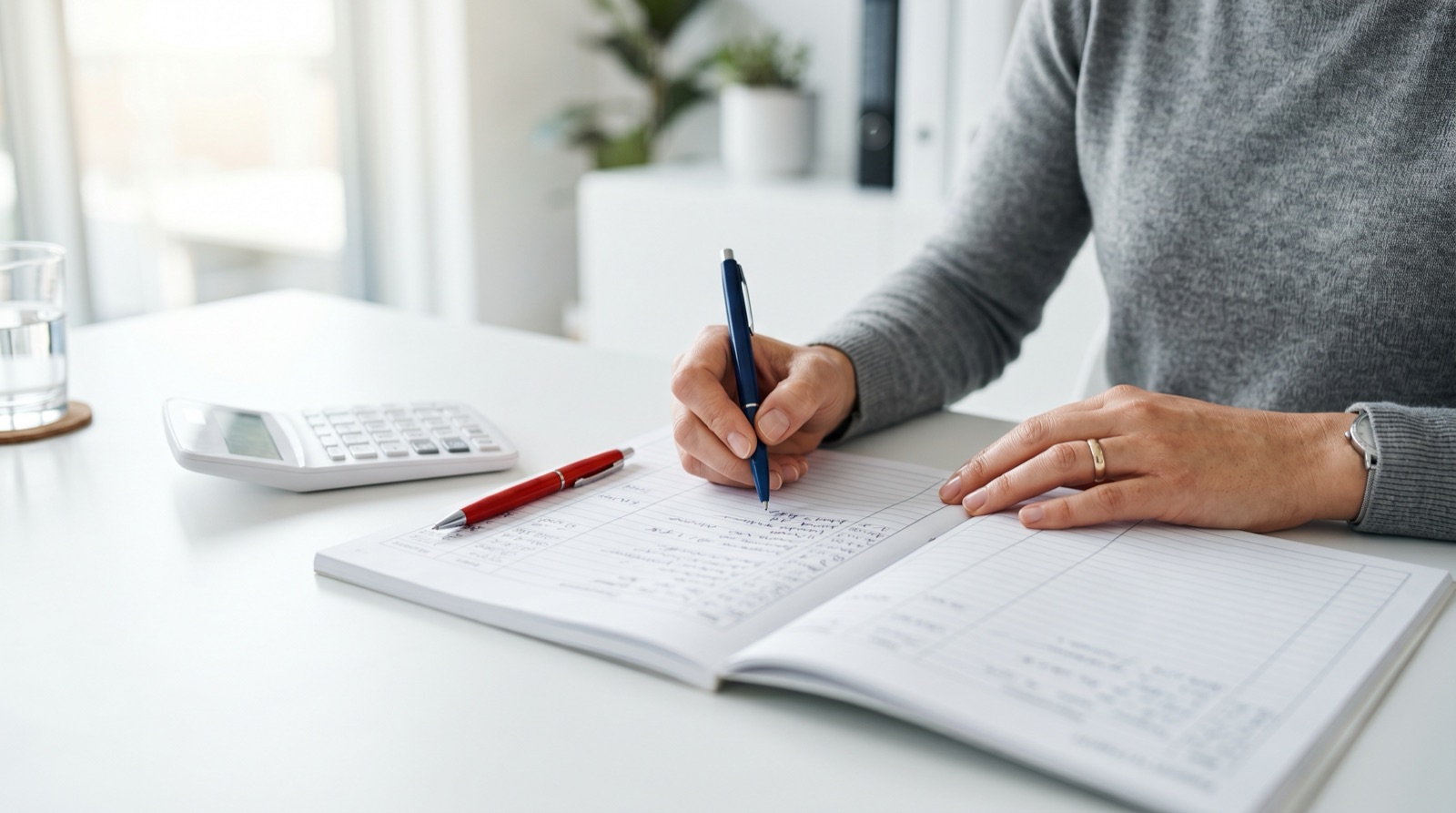 Accountant's hands writing entries in an open ledger book with red and blue pens on a white desk