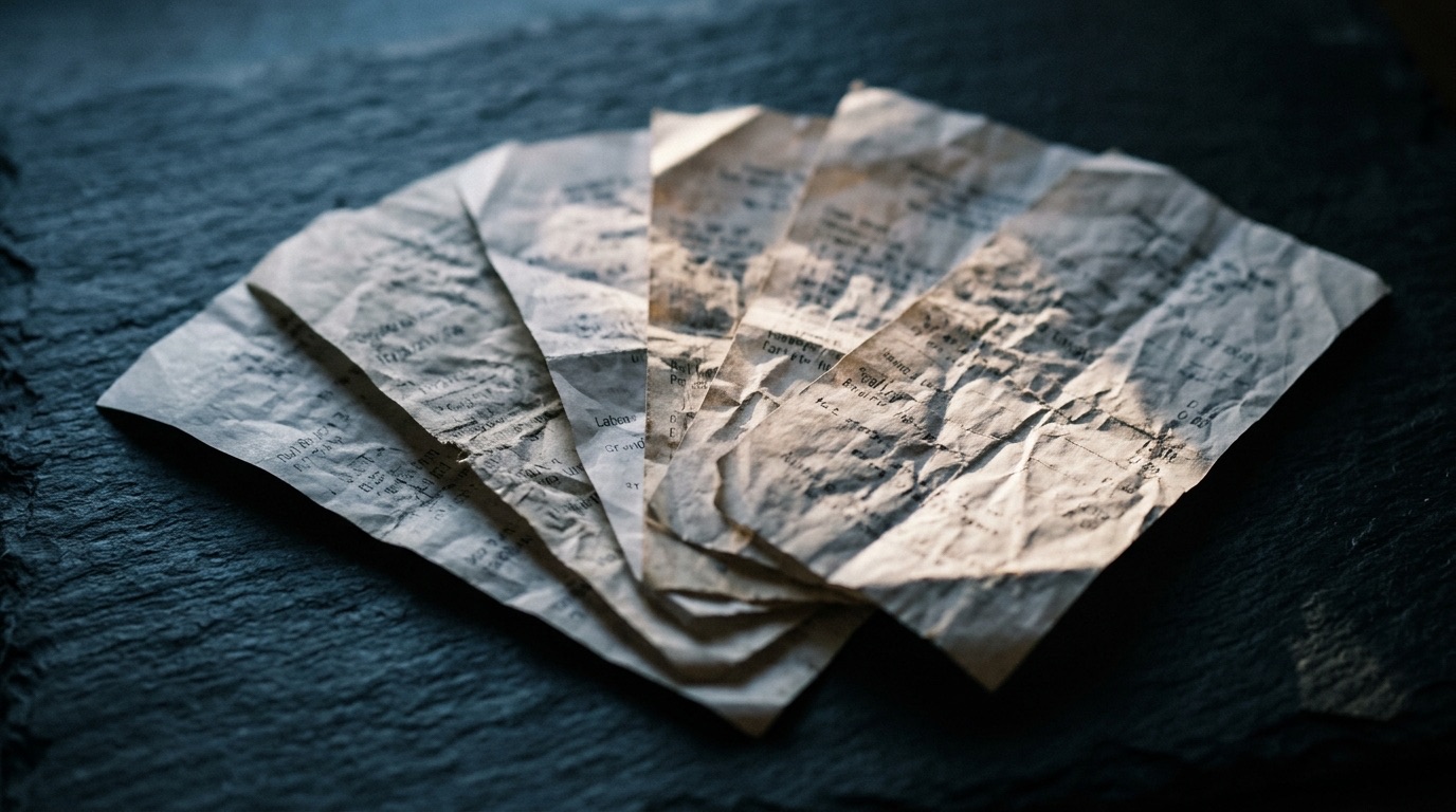 Crumpled paper receipts fanned out on a dark slate surface in cool directional window light