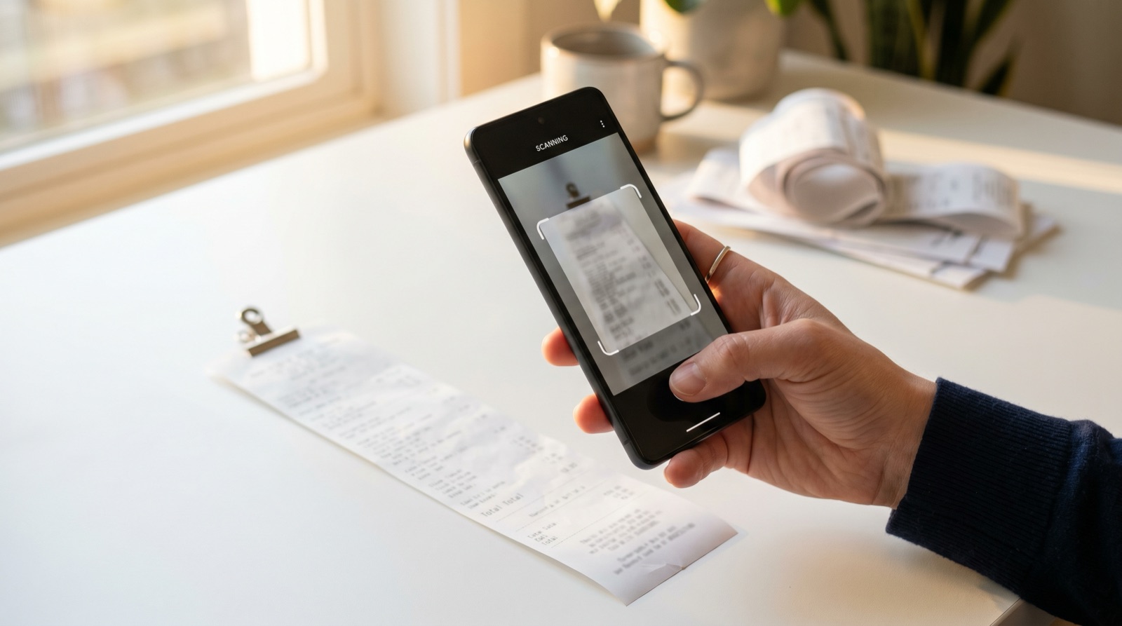 Hand holding a smartphone at eye level scanning a thermal paper receipt on a white surface