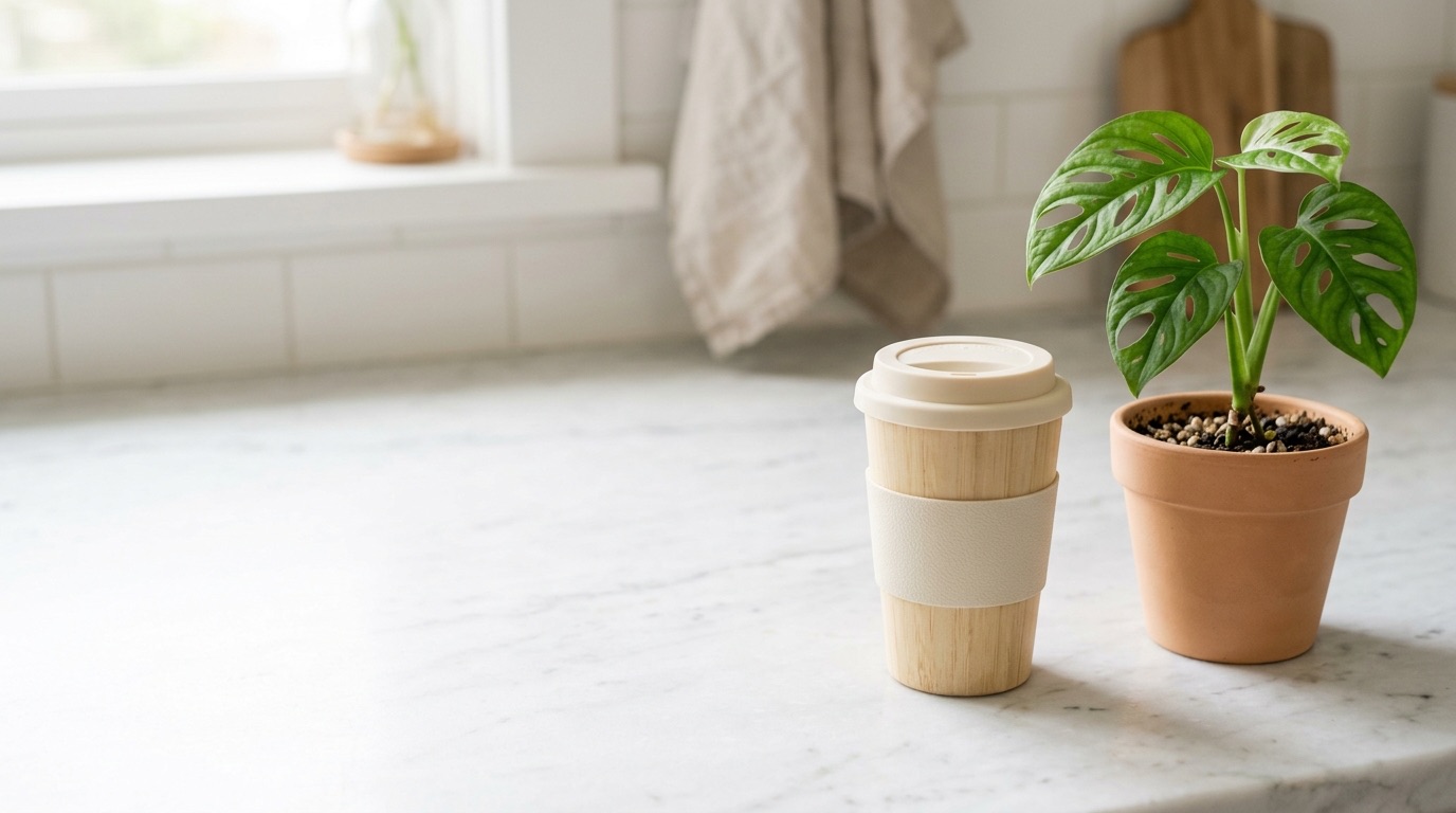 Reusable bamboo coffee cup next to a small monstera plant on a white marble counter in soft morning light