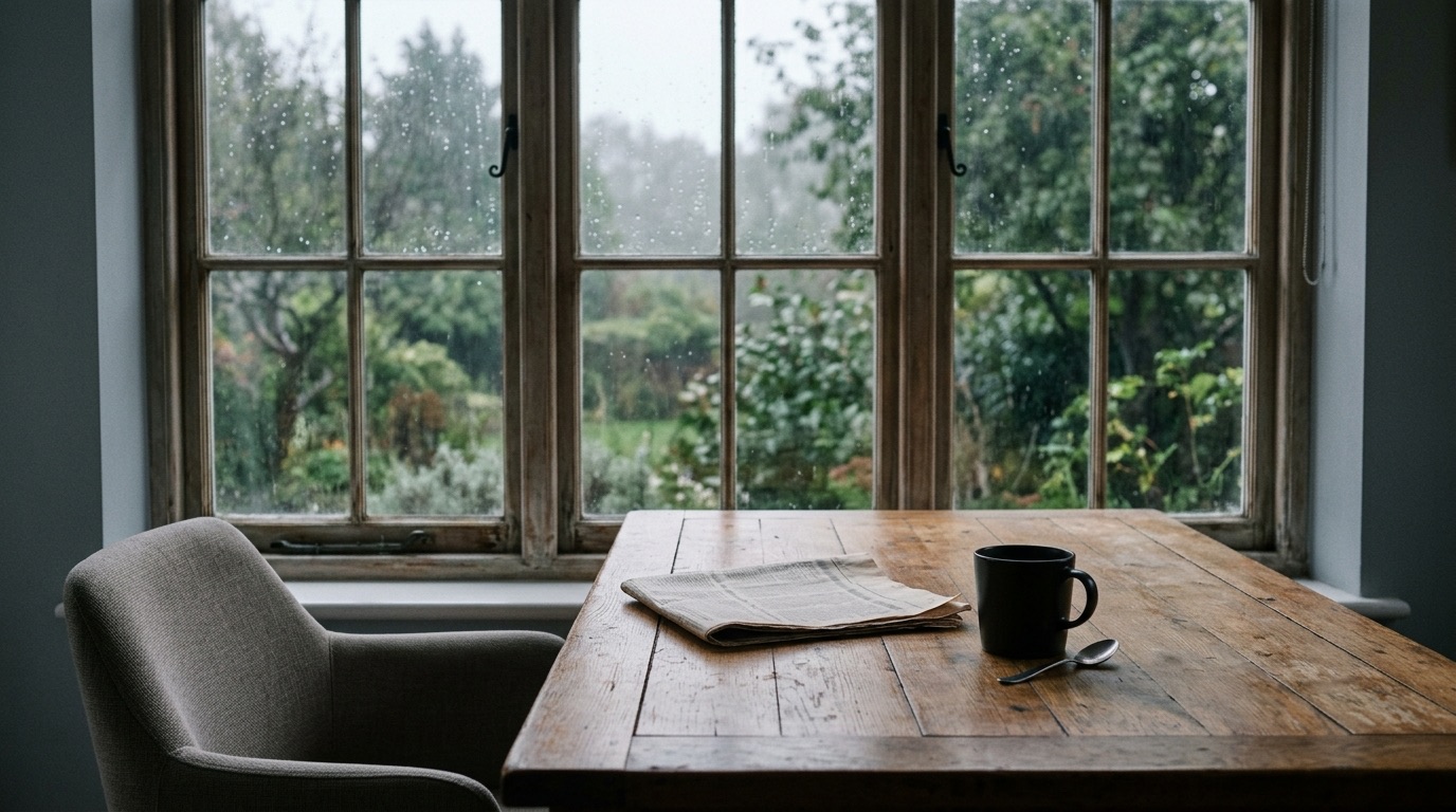 Empty home office desk with a coffee mug by a large window in soft overcast daylight
