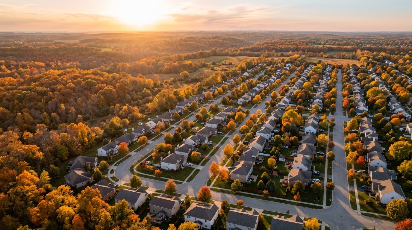 Aerial view of a quiet suburban neighborhood with tree-lined streets at golden hour