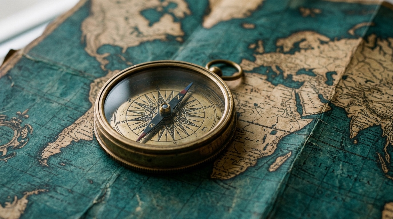 Brass compass resting on a folded vintage world map in teal and warm brass tones