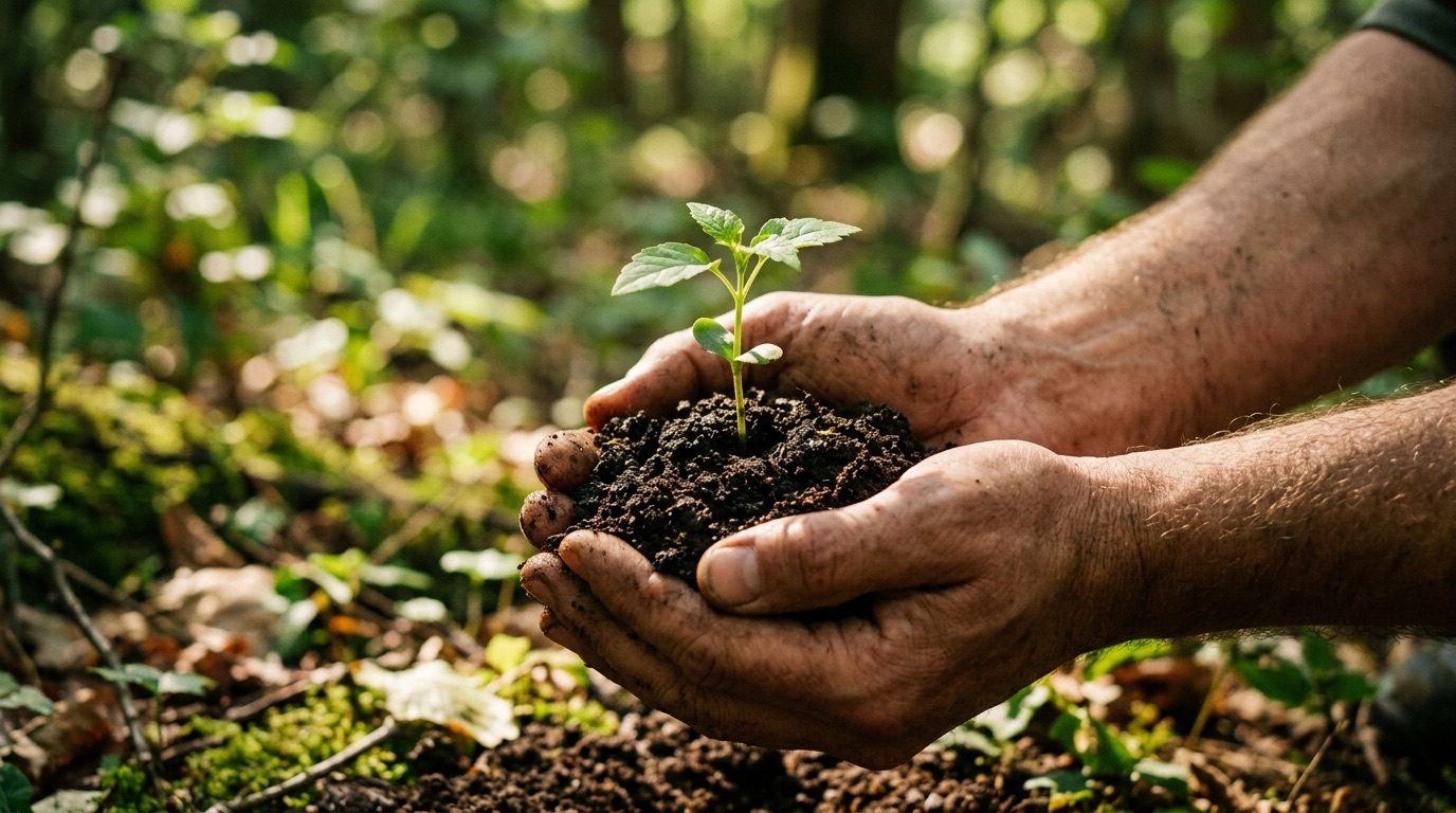Two hands cupping dark soil with a small green sapling sprouting, in dappled sunlight