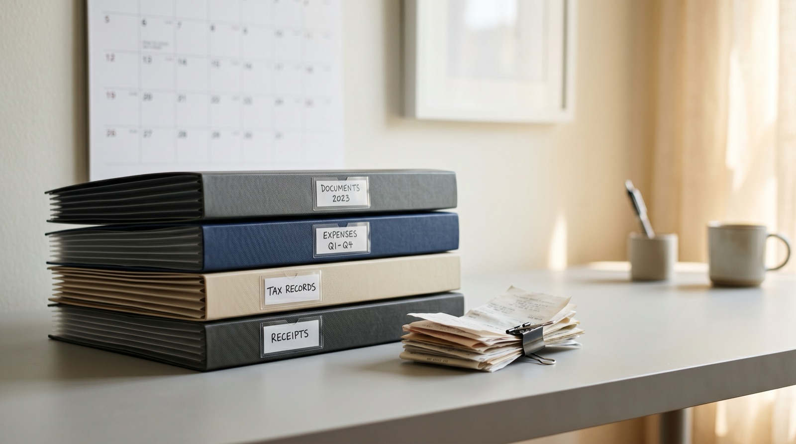 Neat stack of accordion file folders and a bundle of receipts with a binder clip on a gray desk