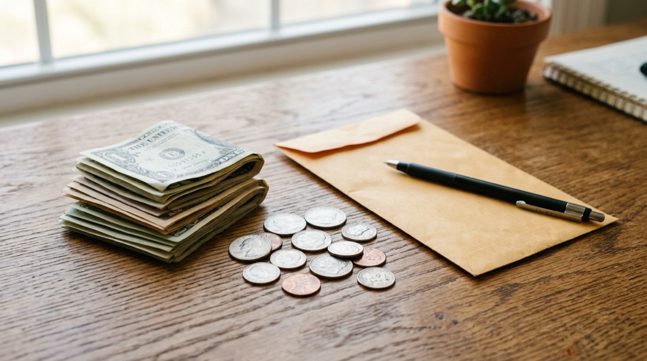Folded dollar bills and coins arranged on a surface with an envelope and pen