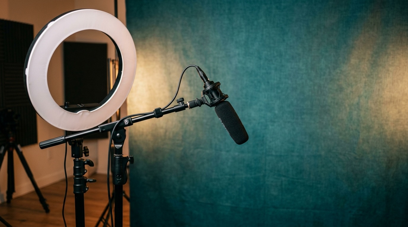 Ring light and shotgun microphone on a boom arm against a teal studio backdrop