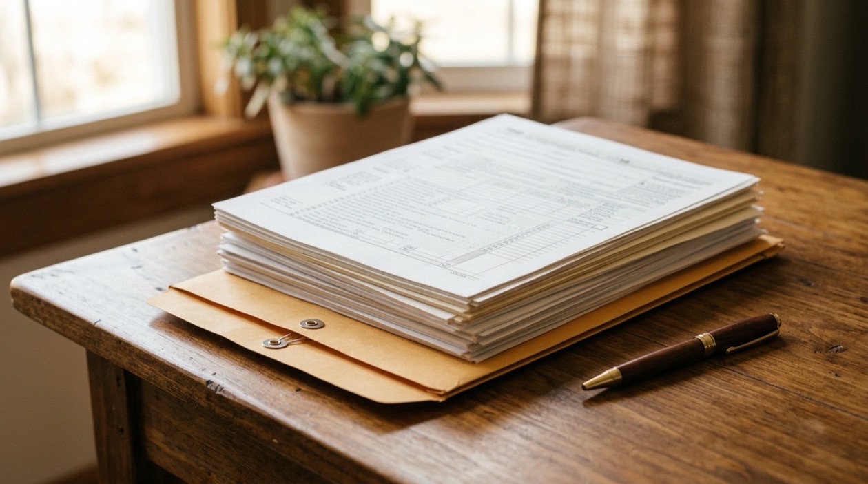 Stack of paper tax documents in an envelope on a desk with a pen