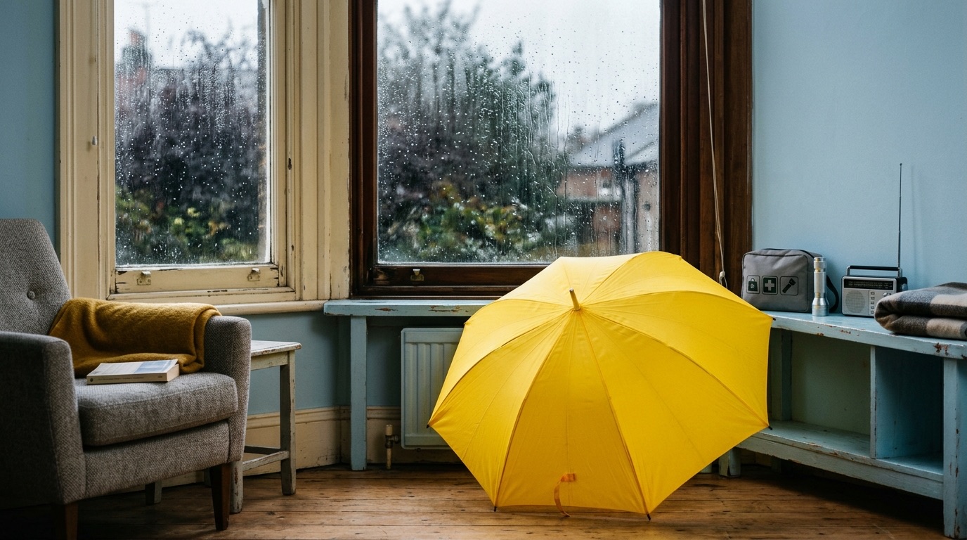 Yellow umbrella opened indoors near a rain-streaked window in soft overcast daylight