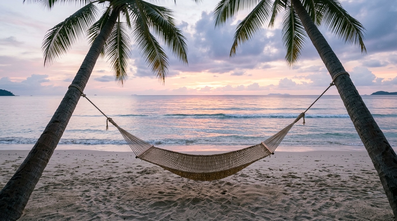 Woven hammock strung between two palms on a quiet beach at pastel dawn