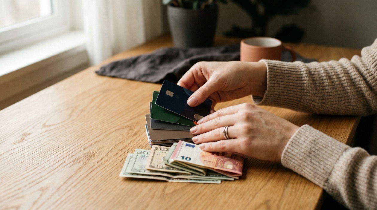 Hands organizing payment cards and a smartphone on a clean light desk surface