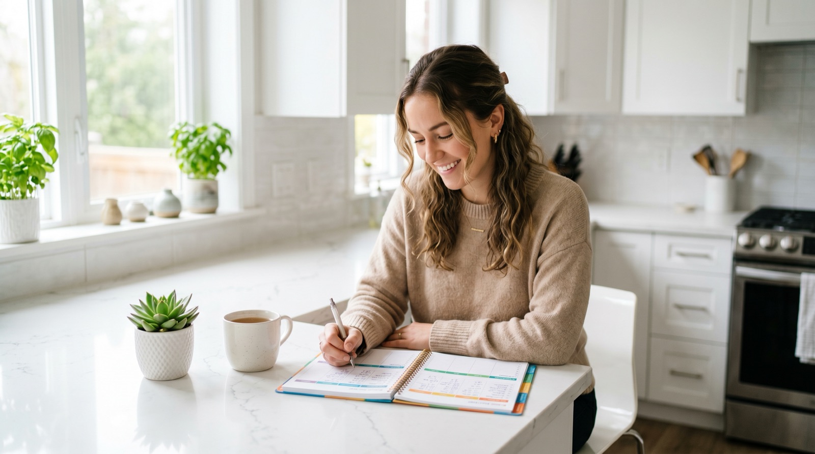 Smiling woman reviewing a budget notebook at a bright kitchen counter with herbal tea and a houseplant