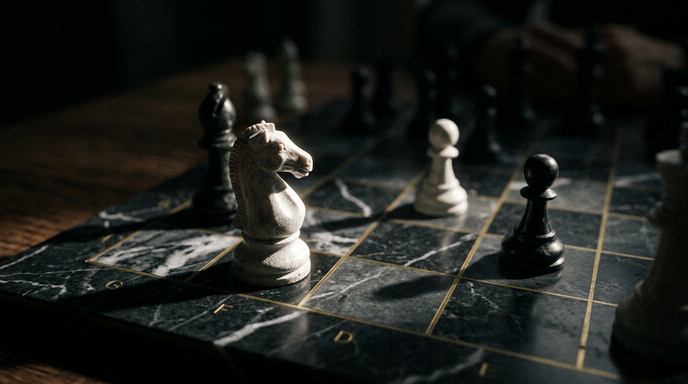White chess knight in sharp focus on a marble chessboard with deep shadows and a directional spotlight