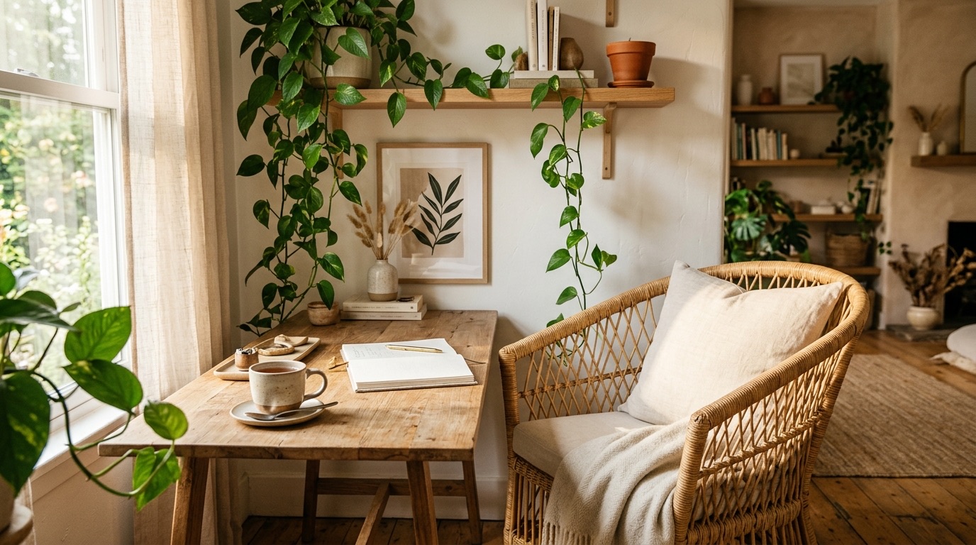 Cozy home office corner with a trailing pothos plant, woven chair, and a cup of tea on a side table