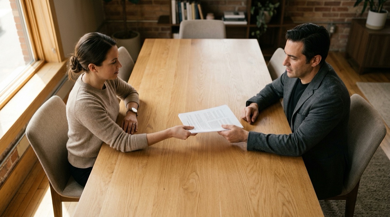 Two professionals exchanging a document across a conference table during a salary negotiation