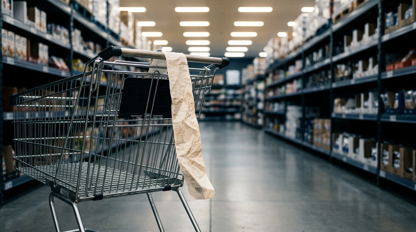 Metal shopping cart with a long crumpled paper receipt draped over the edge in a bright retail store aisle