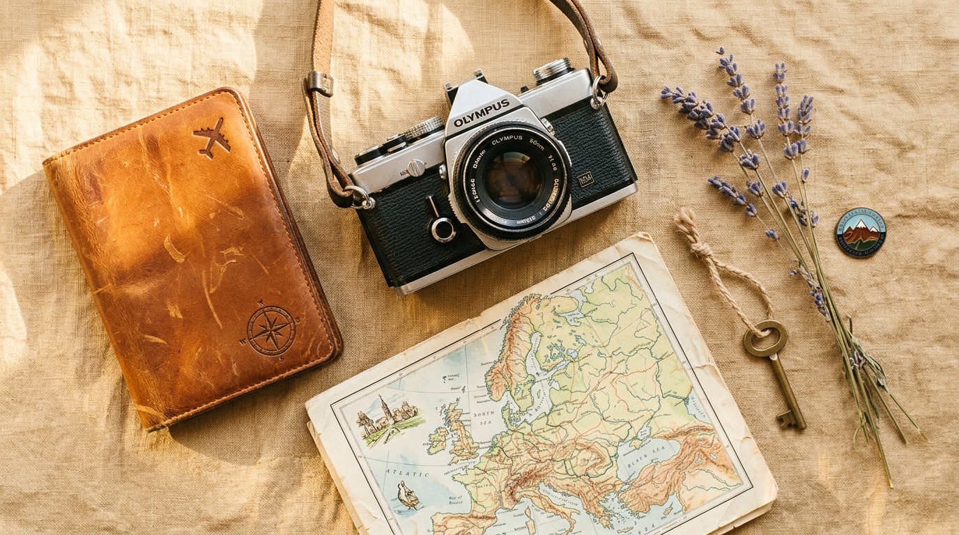 Leather passport holder, film camera, folded paper map, and dried lavender on a sand-colored background