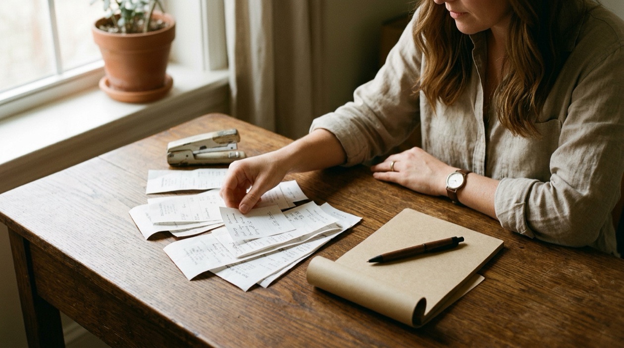 Self-employed person reviewing a business expense spreadsheet with receipts and a pen at a home desk