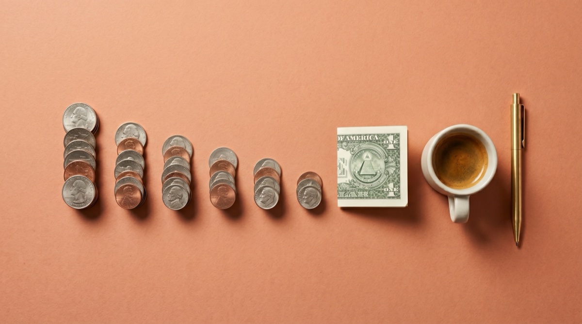 Six descending stacks of US coins arranged in a row beside a folded dollar bill, an espresso, and a brass pen on a terracotta seamless backdrop