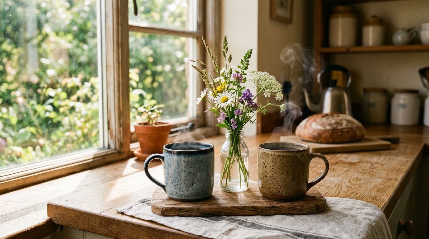 Two stoneware coffee mugs side by side on a sunlit kitchen counter with a small vase of wildflowers
