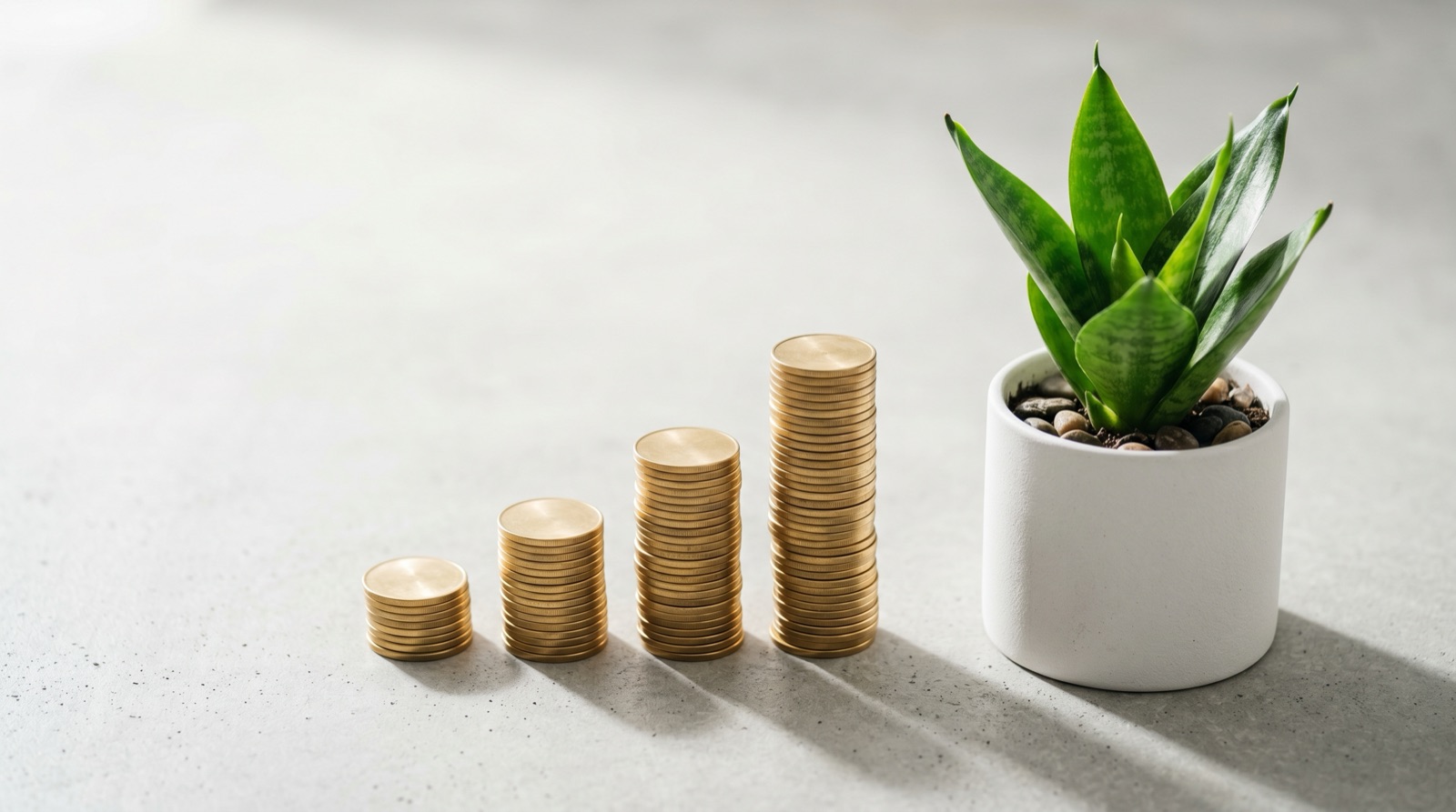 Ascending brass coin stacks beside a healthy green snake plant in a matte white pot on light gray concrete