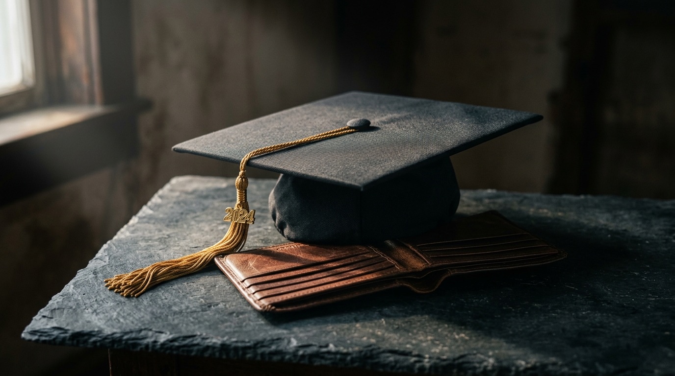 Black graduation cap resting on an open empty leather wallet on a dark slate surface