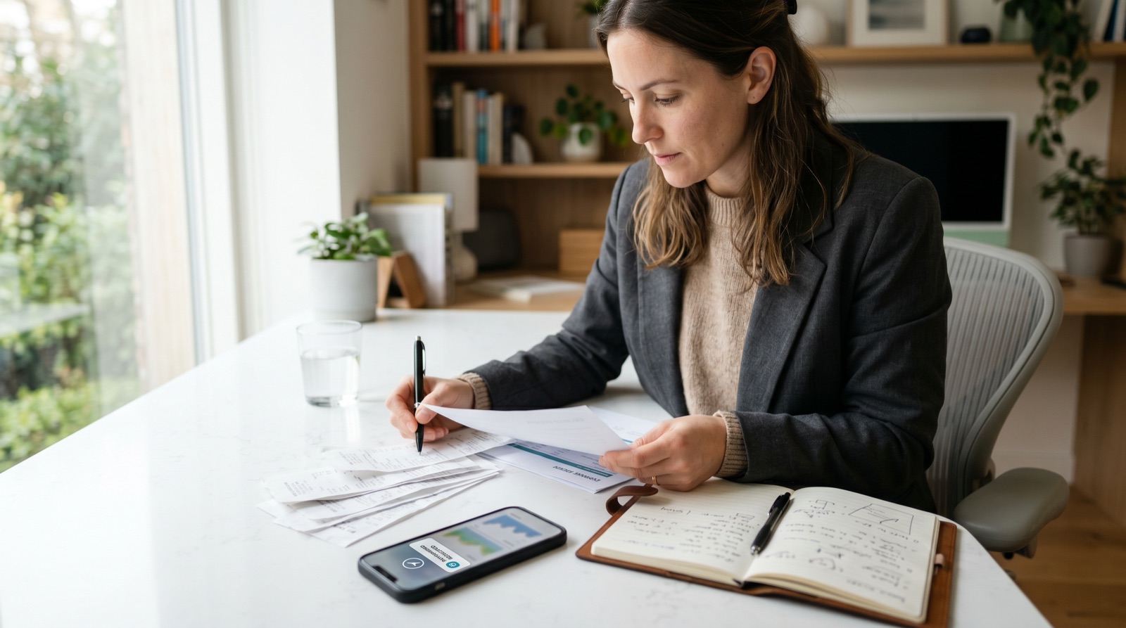 Freelancer reviewing PayPal 1099-K tax documents with a smartphone and notebook at a bright desk